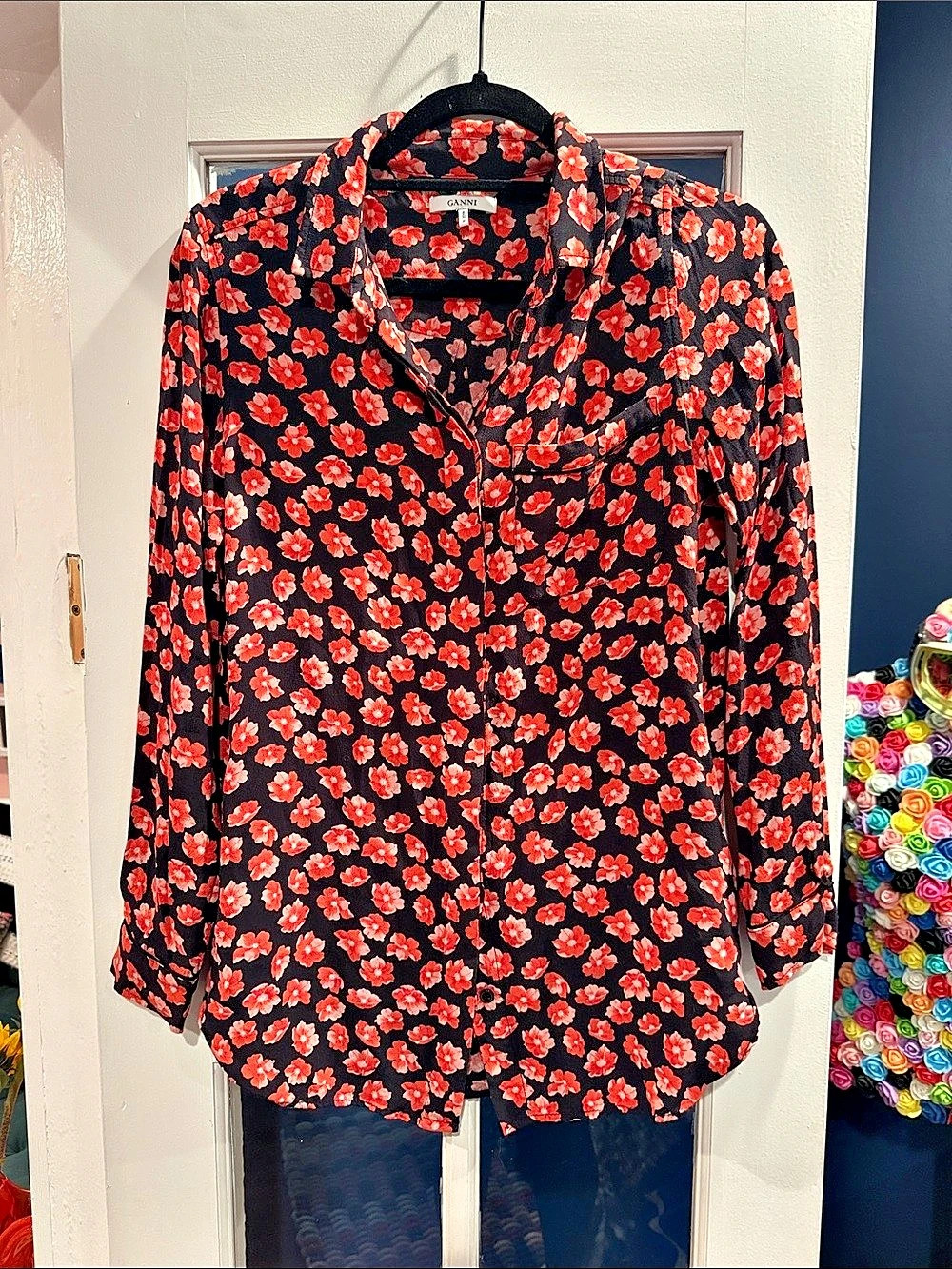 GANNI Lindale Crepe Floral Button-Down Shirt Floral Button Down Blouse in Black